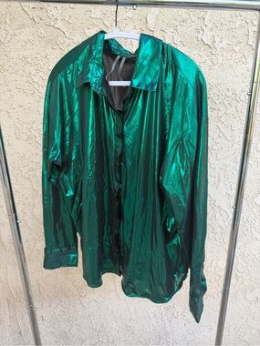 Anthropologie Shiny Emerald Green Lightweight Button-Front Shirt Jacket